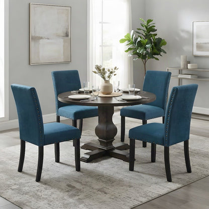 Upholstered Round Pedestal Dining Table and Chairs 5 Piece Set, Blue