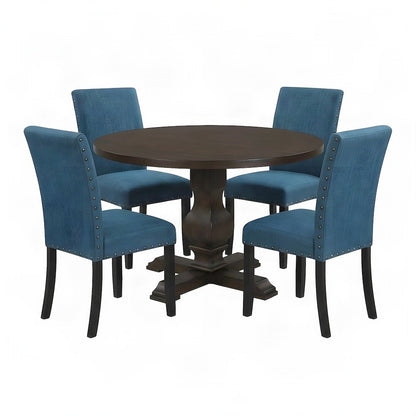 Upholstered Round Pedestal Dining Table and Chairs 5 Piece Set, Blue