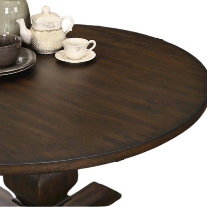 Round Wooden Kitchen Table with Pedestal Base in Brown Oak Finish