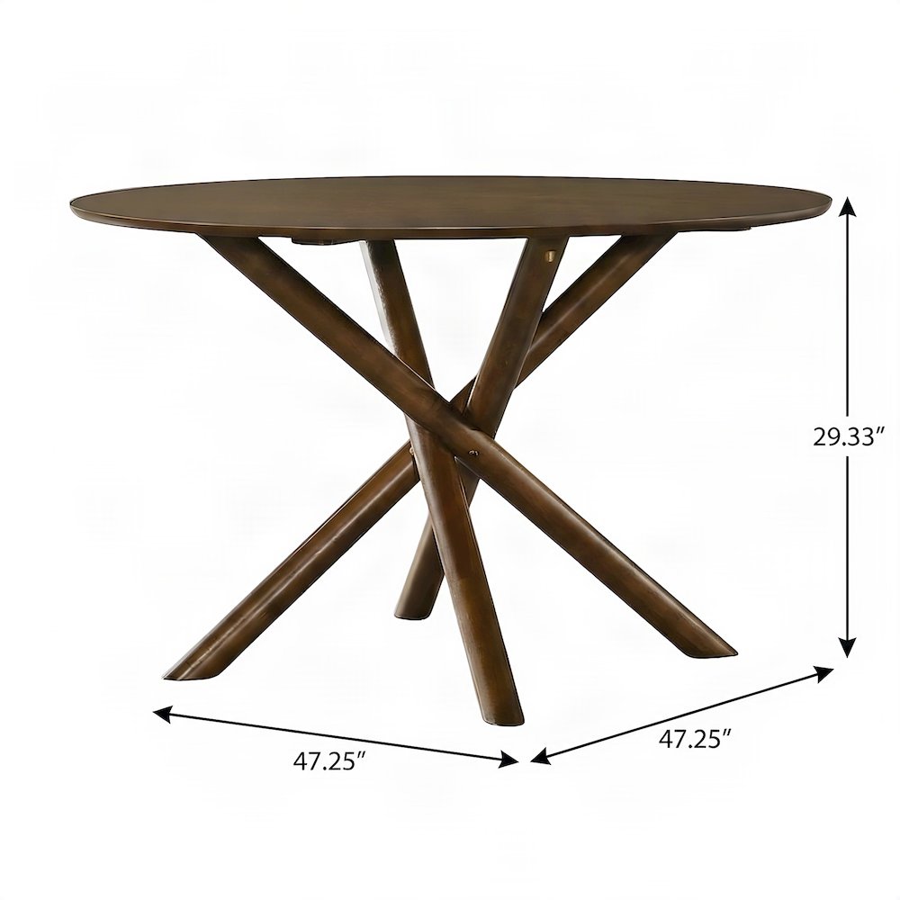 Okume Veneer Round Dining Table with Rubberwood Base, Mid-Century Modern, Walnut