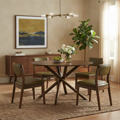 Okume Veneer Round Dining Table with Rubberwood Base, Mid-Century Modern, Walnut