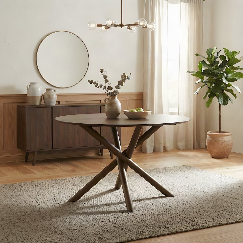 Okume Veneer Round Dining Table with Rubberwood Base, Mid-Century Modern, Walnut