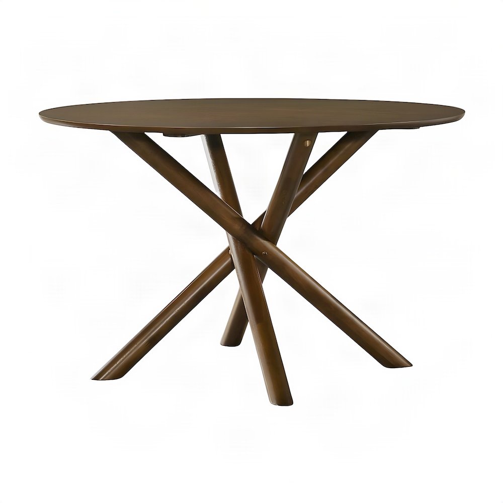 Okume Veneer Round Dining Table with Rubberwood Base, Mid-Century Modern, Walnut