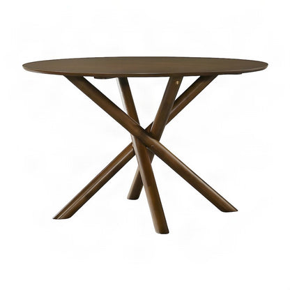 Okume Veneer Round Dining Table with Rubberwood Base, Mid-Century Modern, Walnut