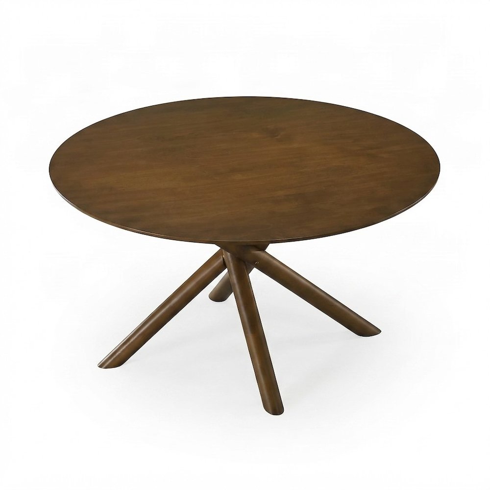 Okume Veneer Round Dining Table with Rubberwood Base, Mid-Century Modern, Walnut
