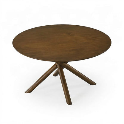 Okume Veneer Round Dining Table with Rubberwood Base, Mid-Century Modern, Walnut