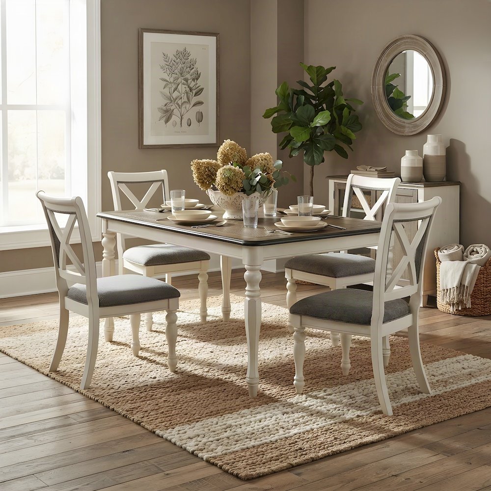 Wood Dining Table and Upholstered Chairs, White, 5 Piece Set