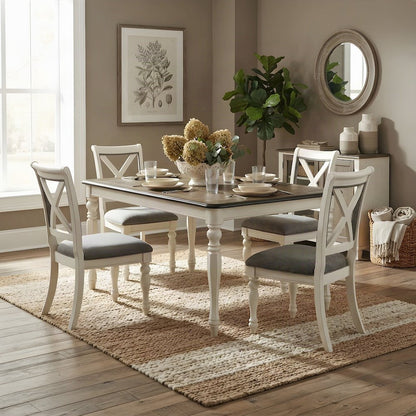 Wood Dining Table and Upholstered Chairs, White, 5 Piece Set