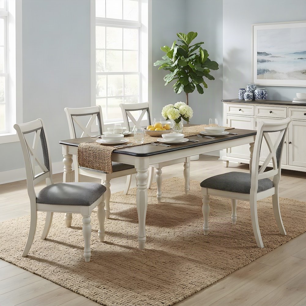 Wood Dining Table and Upholstered Chairs, White, 5 Piece Set