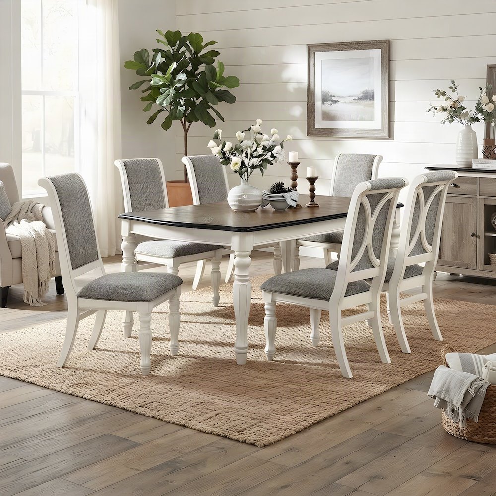 Wood Dining Table and Upholstered Chairs, White, 7 Piece Set