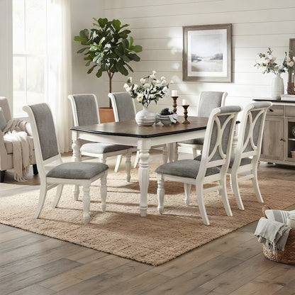 Wood Dining Table and Upholstered Chairs, White, 7 Piece Set