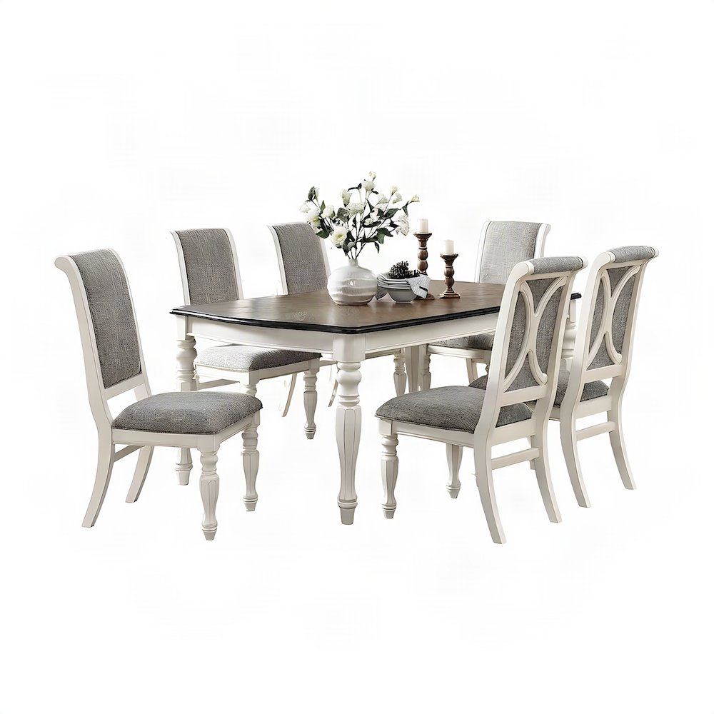 Wood Dining Table and Upholstered Chairs, White, 7 Piece Set