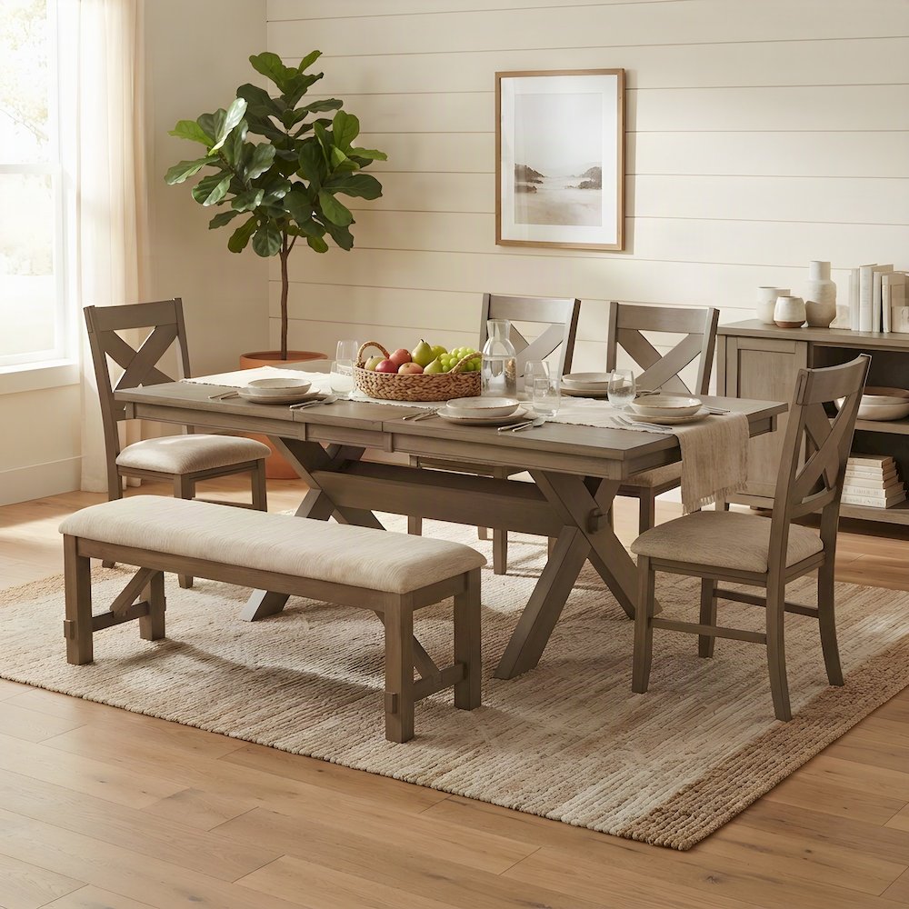 Extendable Wood Dining Table with Chairs and Bench 6 Piece Set, Pine Brown