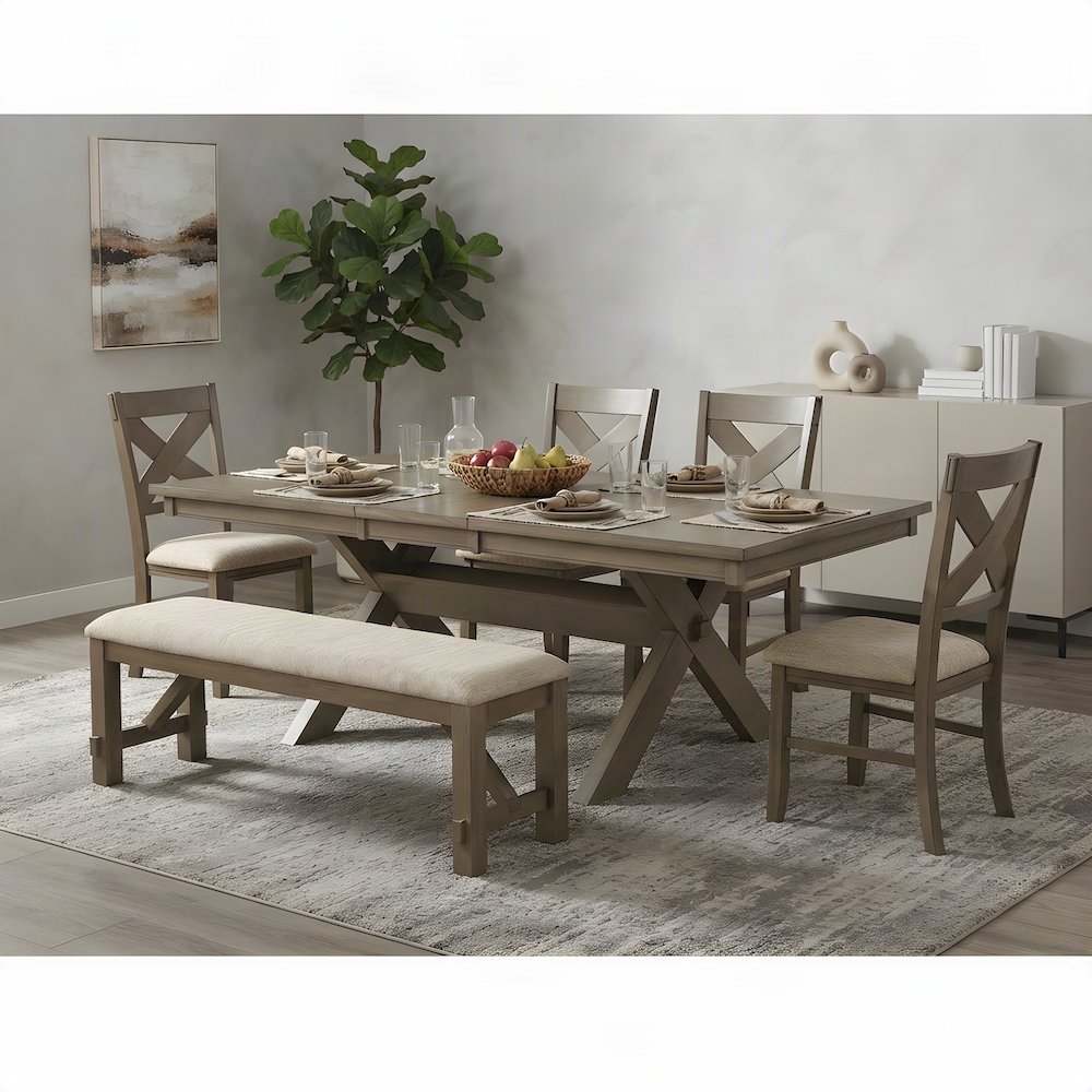 Extendable Wood Dining Table with Chairs and Bench 6 Piece Set, Pine Brown