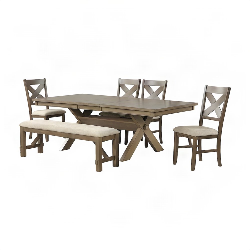 Extendable Wood Dining Table with Chairs and Bench 6 Piece Set, Pine Brown