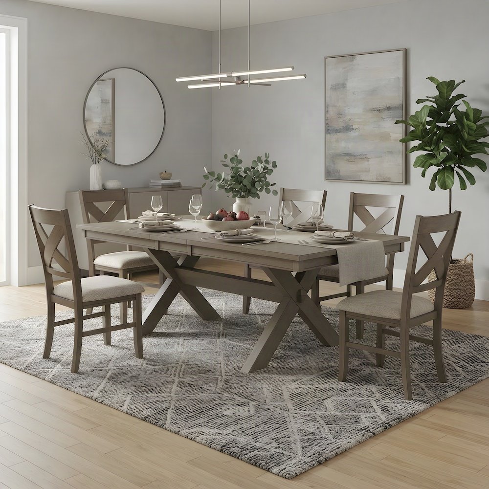 Extendable Wood Dining Table Set with Farmhouse Chairs, Pine Brown, 7 Piece Set