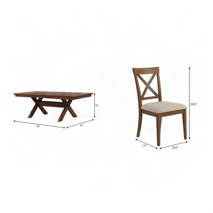 Extendable Trestle Wood Dining Table with Upholstered Chairs 5 Piece Set, Walnut