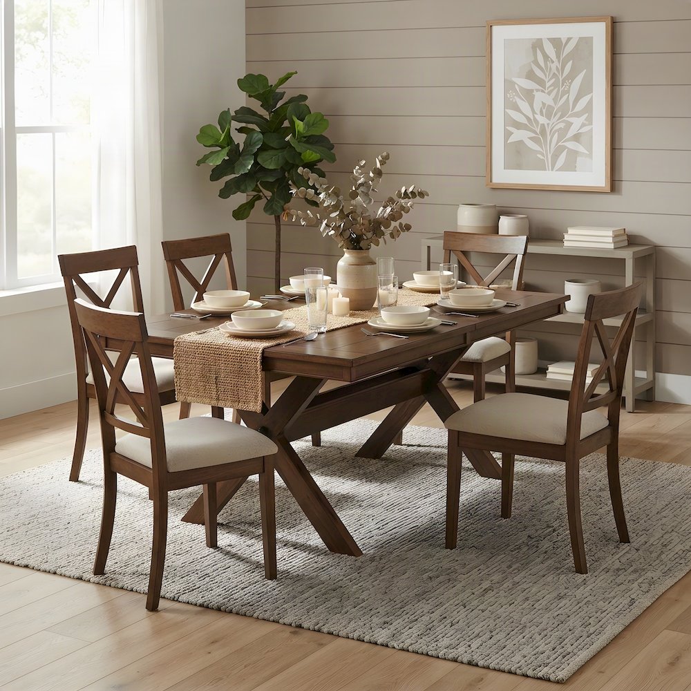 Extendable Trestle Wood Dining Table with Upholstered Chairs 5 Piece Set, Walnut