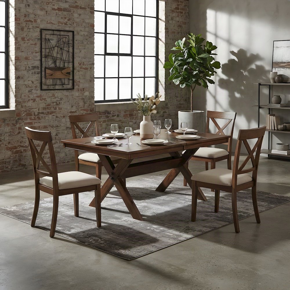 Extendable Trestle Wood Dining Table with Upholstered Chairs 5 Piece Set, Walnut