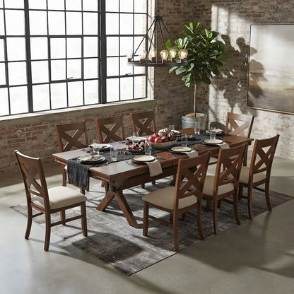 Wood Extendable Dining Table with Upholstered Chairs, 9 Piece Set, Walnut