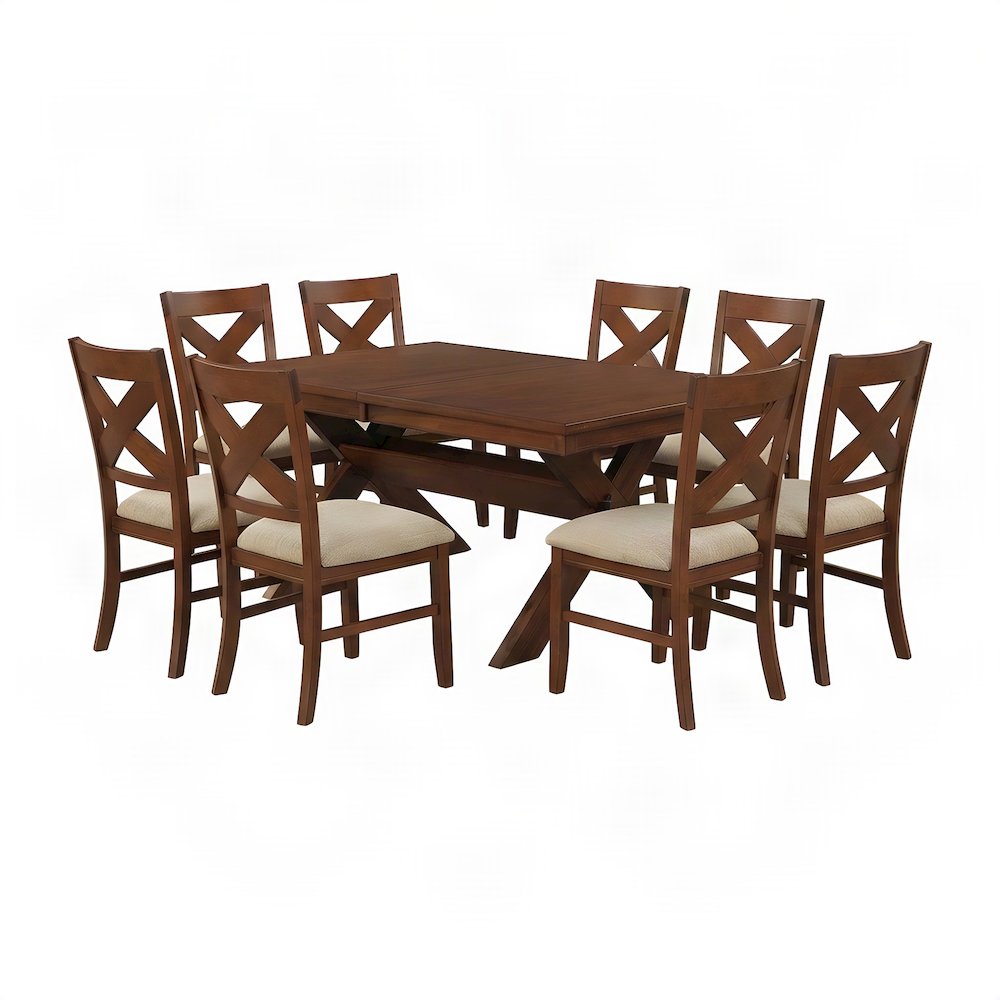 Wood Extendable Dining Table with Upholstered Chairs, 9 Piece Set, Walnut