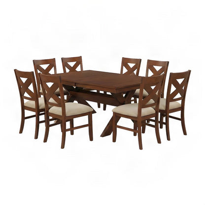 Wood Extendable Dining Table with Upholstered Chairs, 9 Piece Set, Walnut