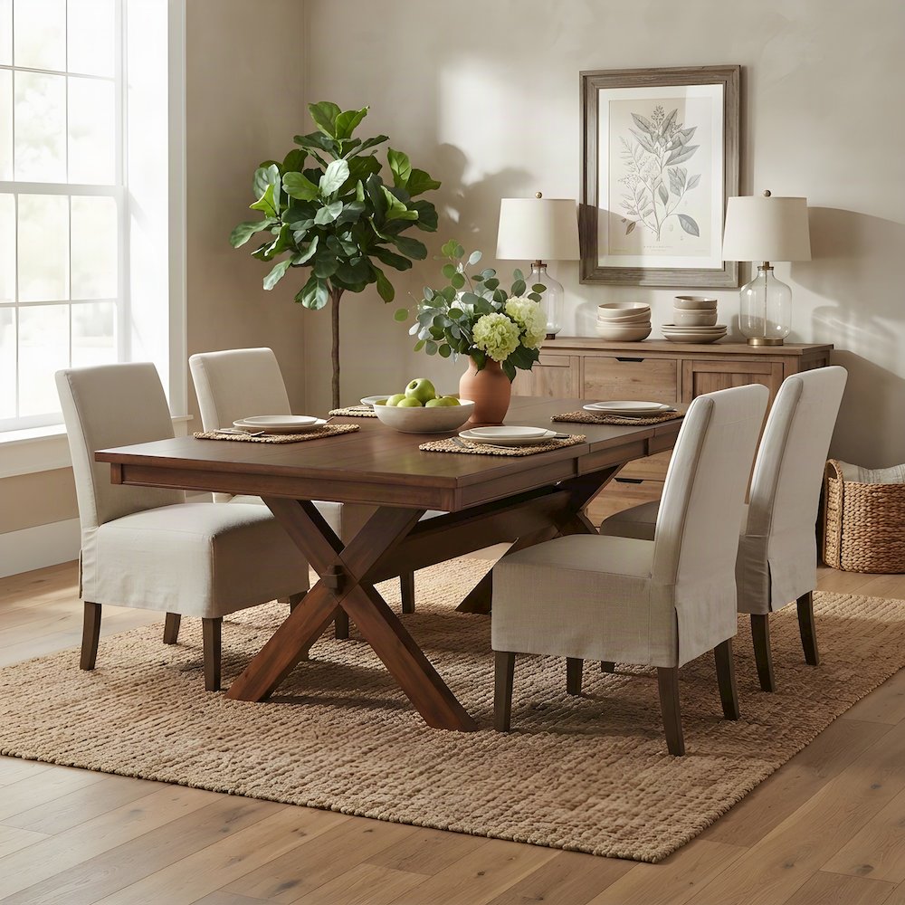 Wood Trestle Extendable Dining Table with Leaf, Expandable Dinner, Walnut