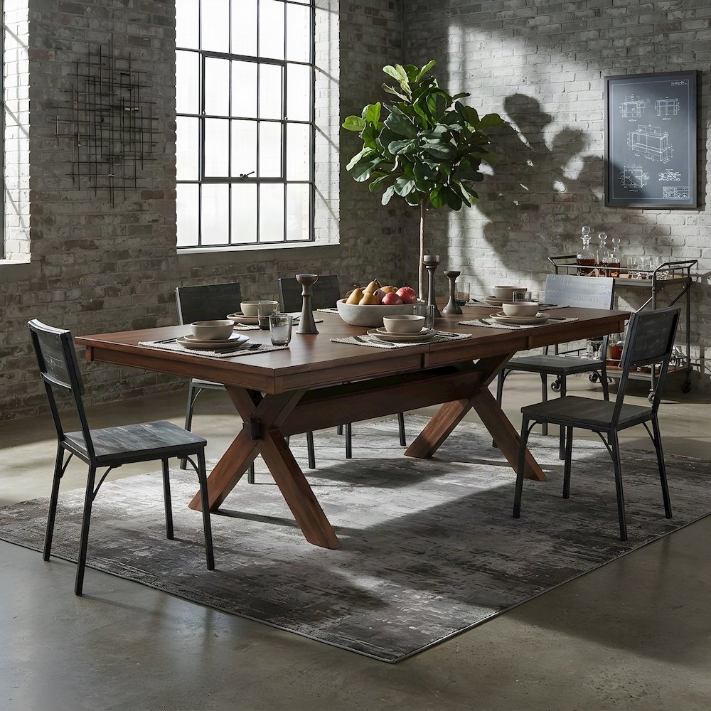 Wood Trestle Extendable Dining Table with Leaf, Expandable Dinner, Walnut
