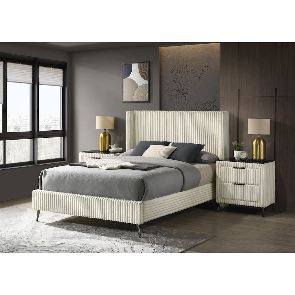Mavela Wide Wale Corduroy Upholstery Panel Queen Bed with 2 Nightstands, Cream
