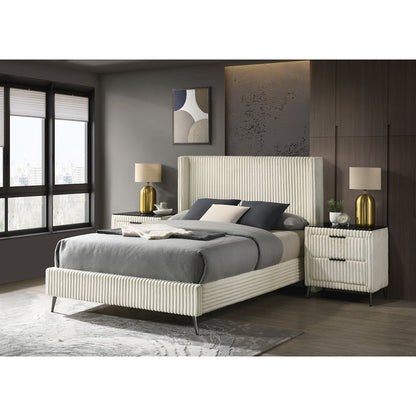 Mavela Wide Wale Corduroy Upholstery Panel Queen Bed with 2 Nightstands, Cream