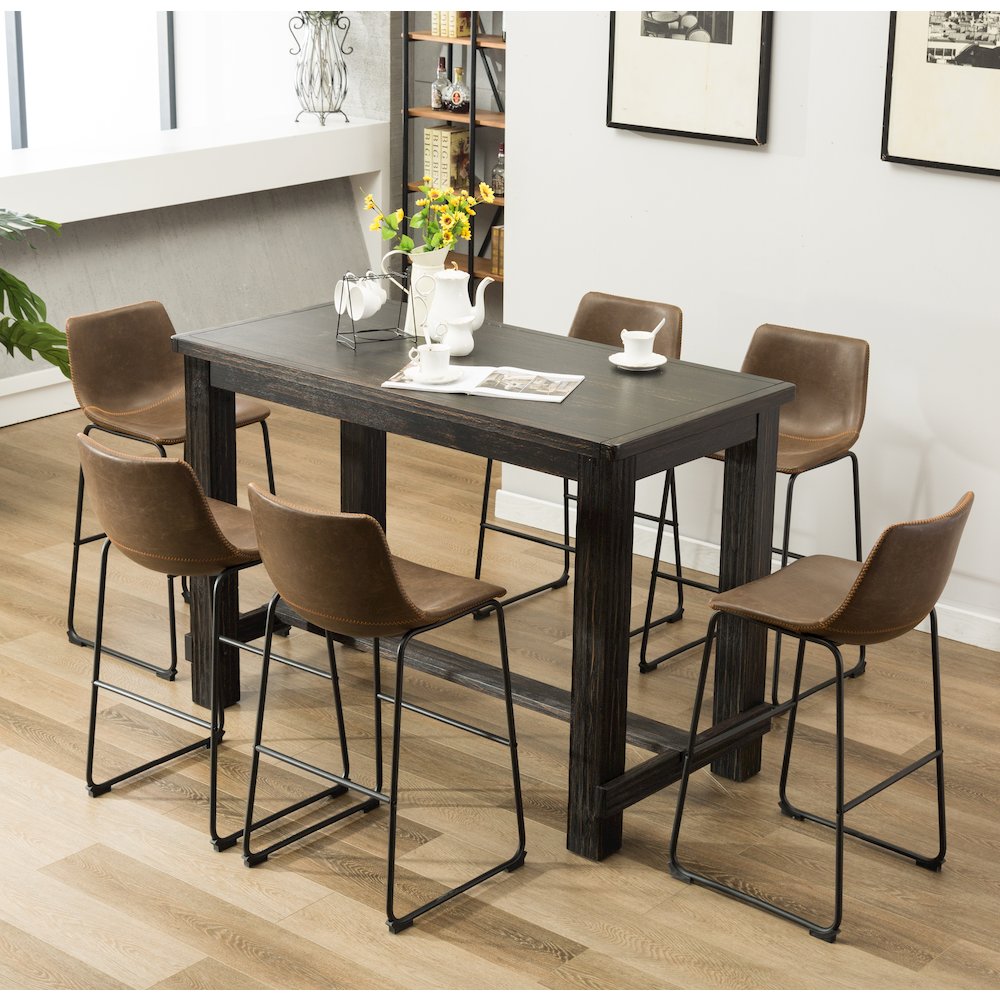 7-Piece Bar Height Antique Black Wood Dining Table, 6 Brown Faux Leather Chairs