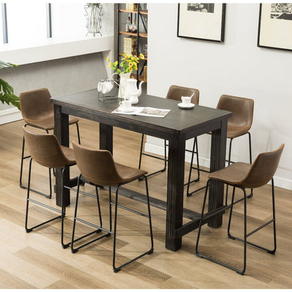 7-Piece Bar Height Antique Black Wood Dining Table, 6 Brown Faux Leather Chairs