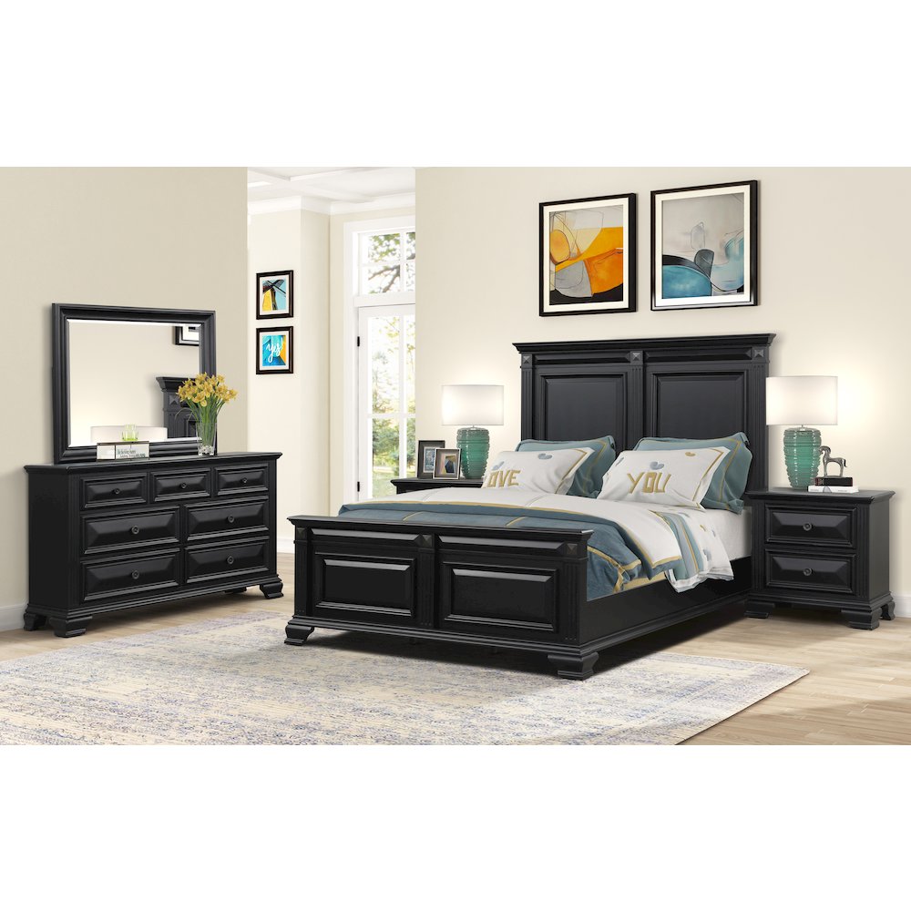 Vintage Black Wood Bedroom Set, Queen Bed, Dresser, Mirror,2 Nightstands, Chest