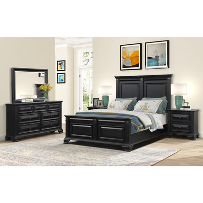 Vintage Black Wood Bedroom Set, Queen Bed, Dresser, Mirror,2 Nightstands, Chest