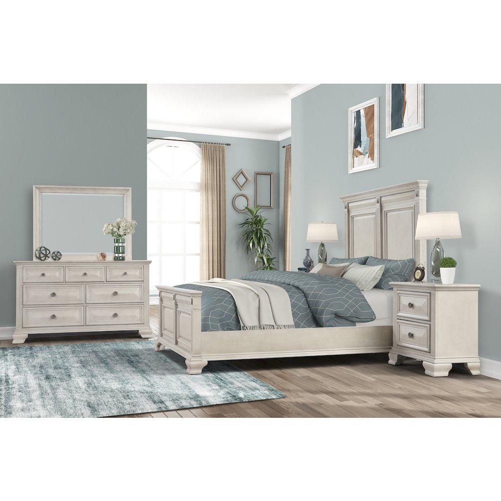 Parchment Wood Bedroom Set, Queen Panel Bed, Dresser, Mirror, Nightstand, Chest