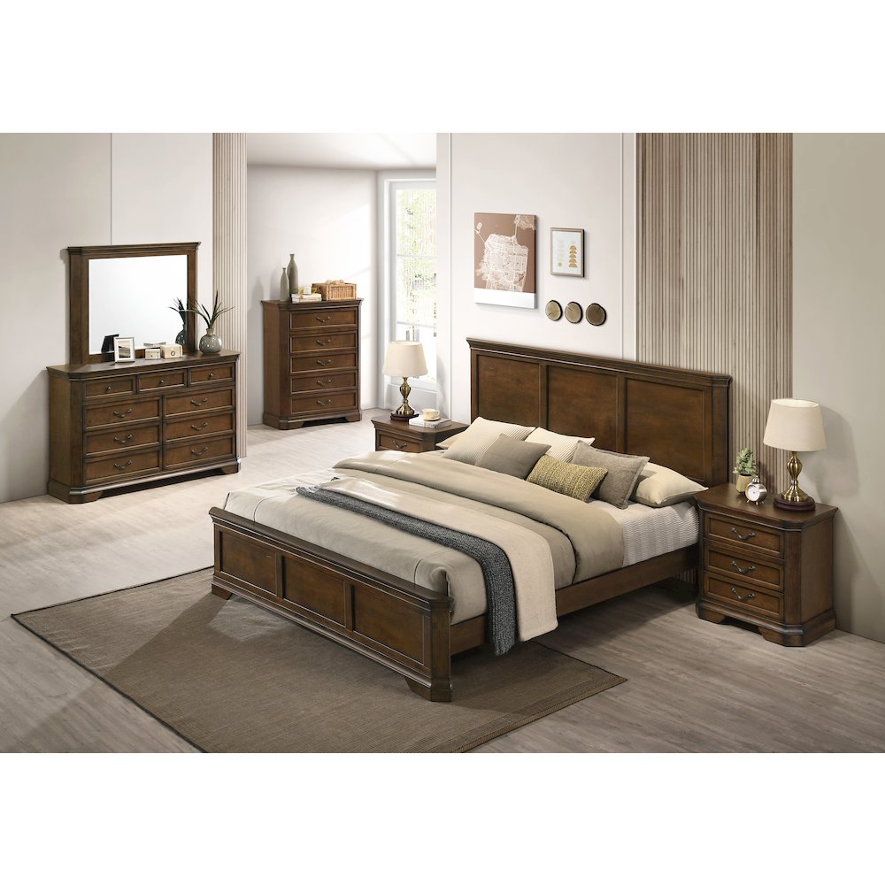 Wood Bed, Dresser, Mirror, 2 Nightstands, Chest, King, Antique Walnut Finish