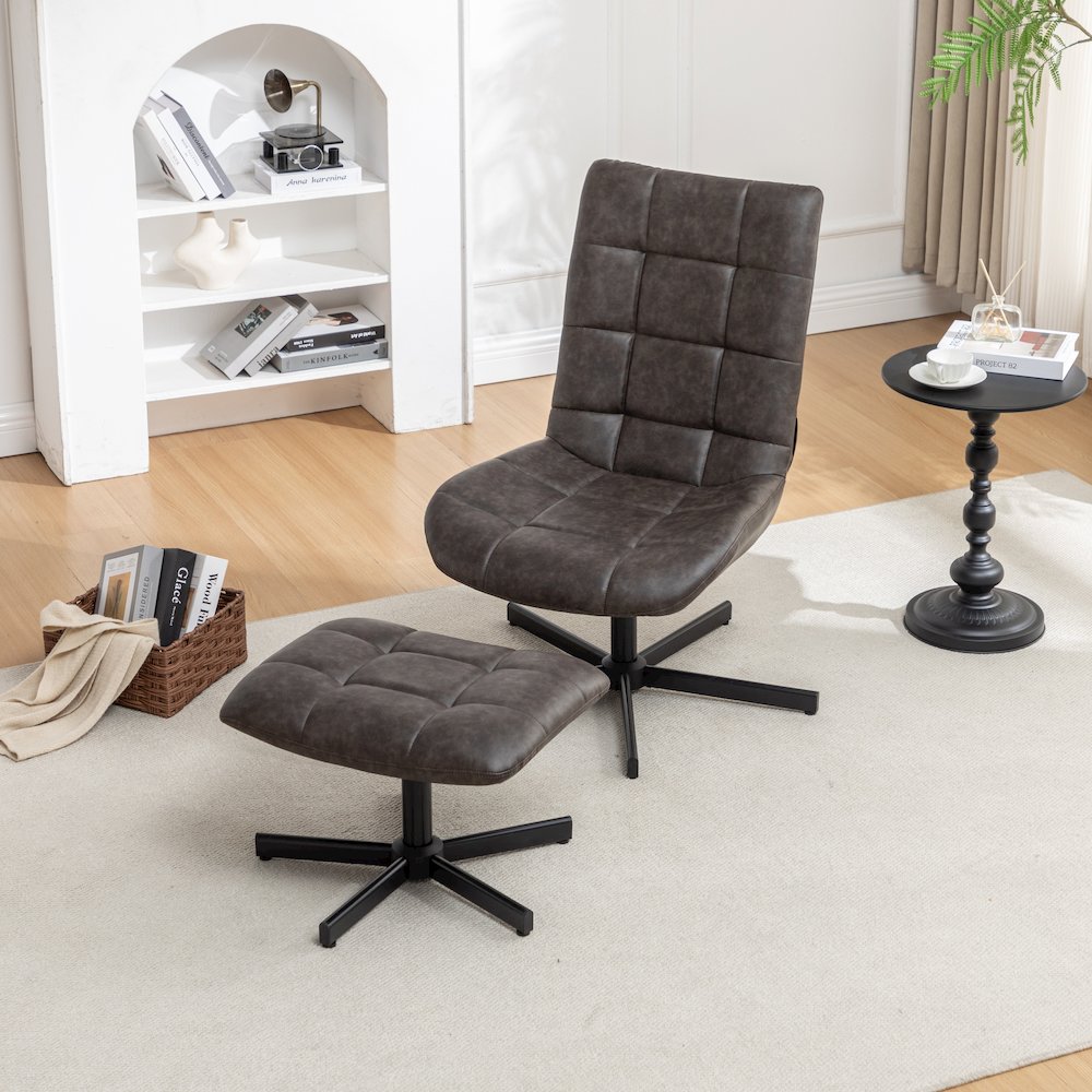 Arlena 2-Piece Seating Set, Faux Leather Tufted Accent Chair and Ottoman, Brown