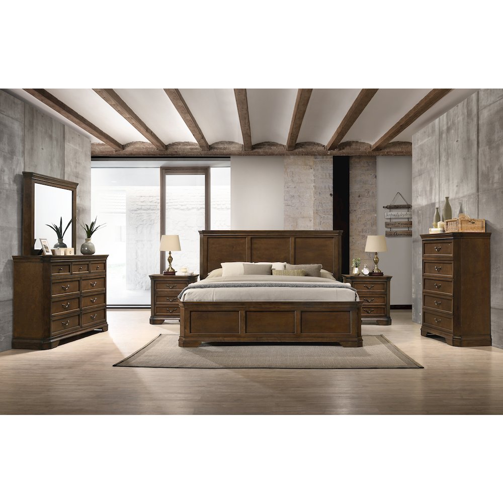 Wood Bed, Dresser, Mirror, 2 Nightstands, Chest, King, Antique Walnut Finish