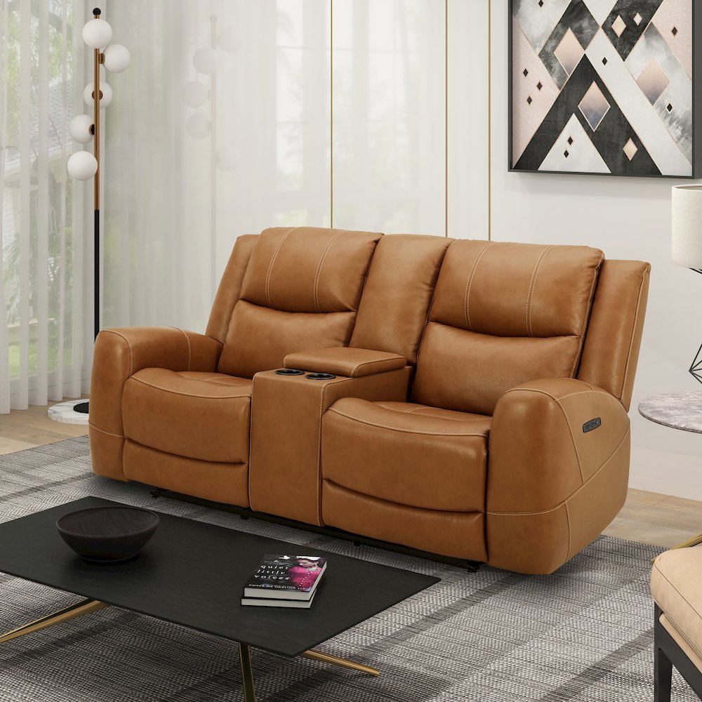 Cozura Leather Power Dual Recling Loveseat with Console, Silverado Butternut