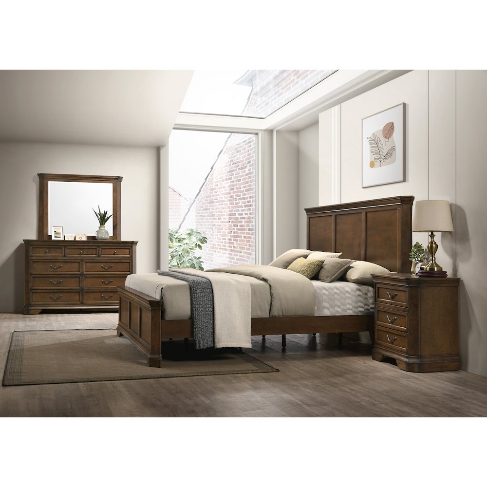 Wood Bed, Dresser, Mirror, 2 Nightstands, Chest, King, Antique Walnut Finish