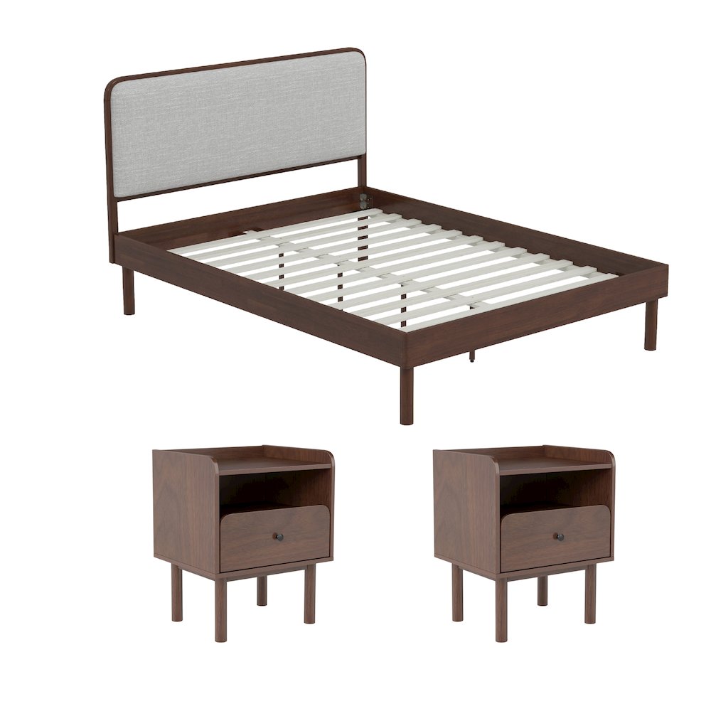 Wyller 3-Pc Bedroom Set, Platform Bed with 2 Nightstands, Natural Walnut, Queen