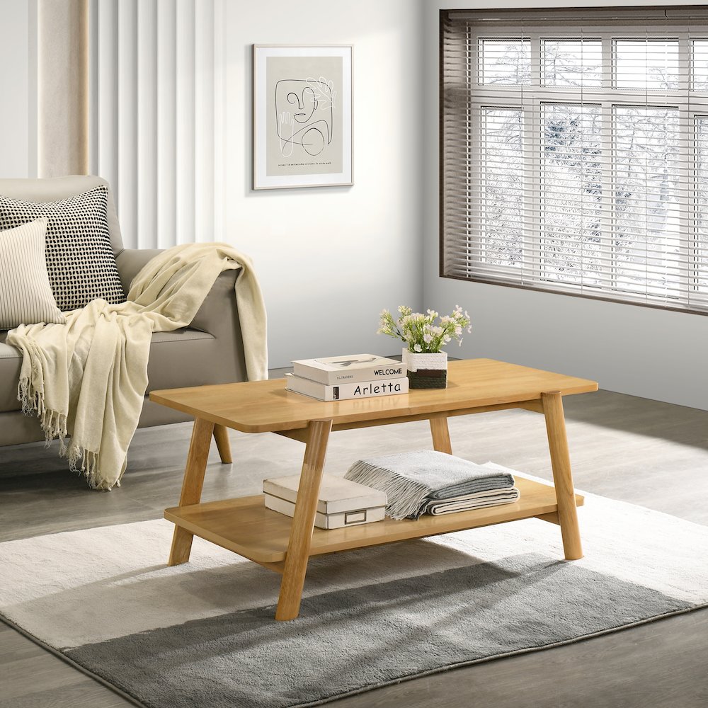Metz Mid-Century Modern Wood Shelf Coffee Table, Natural Oak Finish