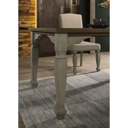 Breda Antique Gray and Dark Oak Finished Wood Dining Set, Table, Bench, Chairs