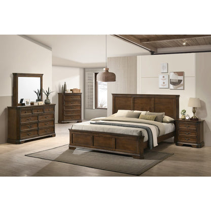 Wood Bed, Dresser, Mirror, 2 Nightstands, Chest, King, Antique Walnut Finish