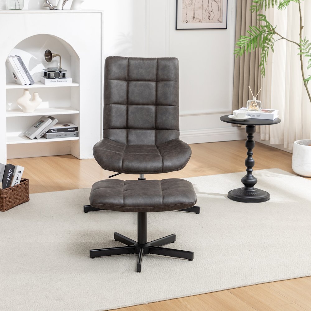 Arlena 2-Piece Seating Set, Faux Leather Tufted Accent Chair and Ottoman, Brown