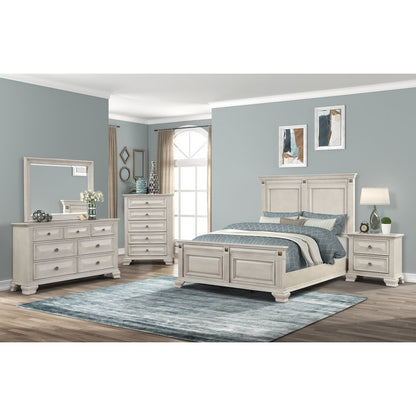 Parchment Wood Bedroom Set, Queen Panel Bed, Dresser, Mirror, Nightstand, Chest