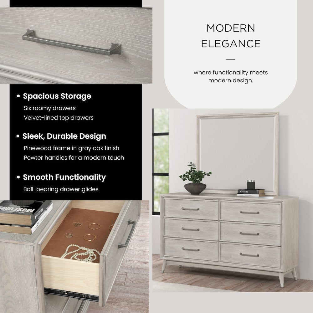 Seluna 6-Drawer Bedroom Dresser with Mirror, Gray Oak Finish
