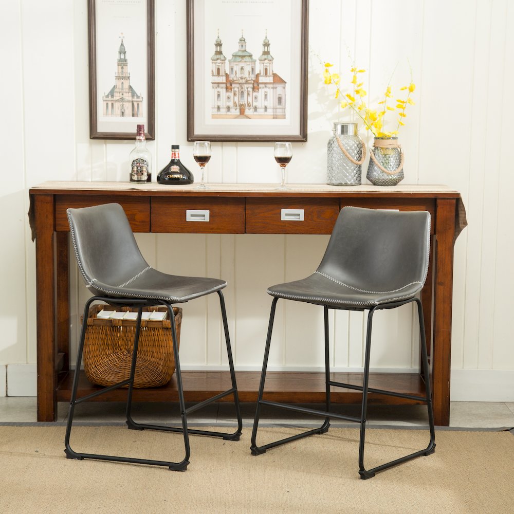7-Piece Counter Height Antique Black Wood Dining Table with 6 Gray Chairs