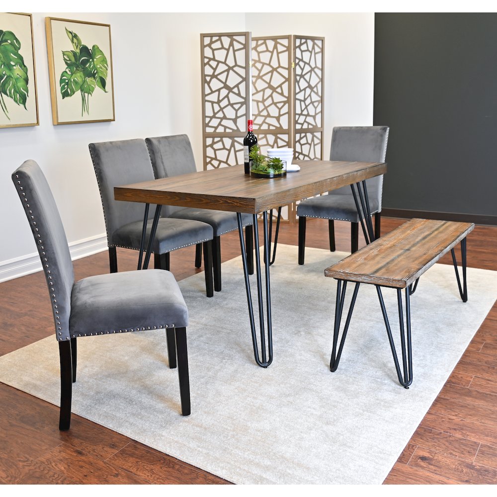 Ashzo 6-Pc Dining Set, Hairpin Dining Table with 4 Chairs and Bench, Gray