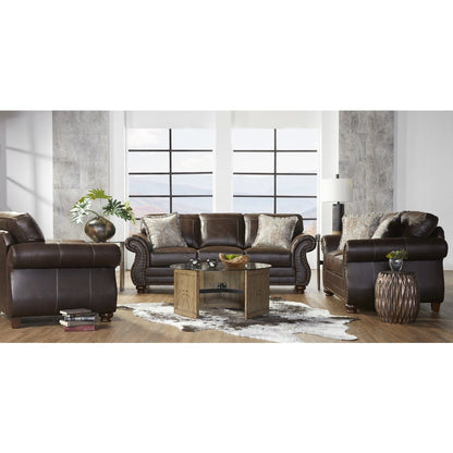 Leinster Faux Leather Nailhead Sofa, Loveseat, and Chair Set in Espresso